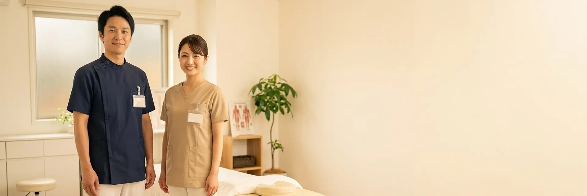 整体院・接骨院スタッフ向けユニフォーム特集 ネイビーのケーシー白衣を着た男性スタッフと水色スクラブの女性スタッフ