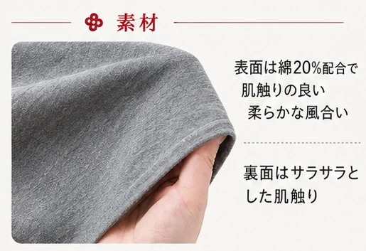 めぐり着の生地：表面は綿20%配合のやわらかな風合い、裏面はサラサラとした肌触り